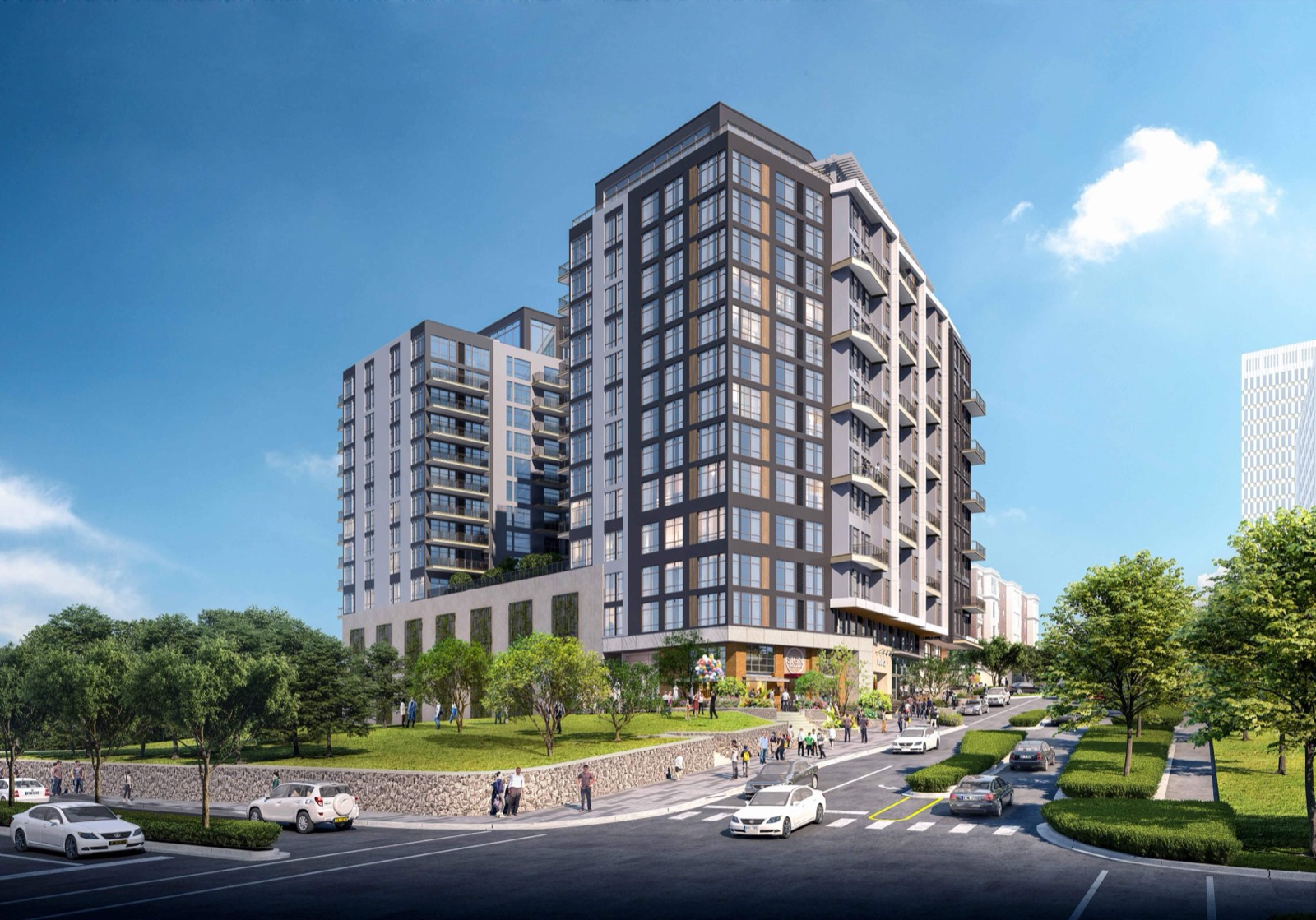 Street-level rendering of 426 North Main with twin buildings and plaza in Greenville, South Carolina