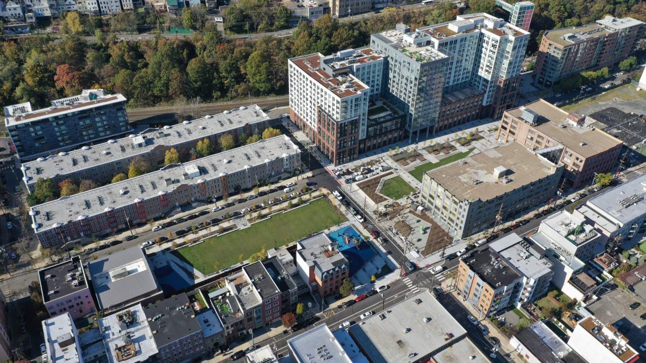 Aerial view of 7Seventy House and its two-acre community rooftop in Hoboken