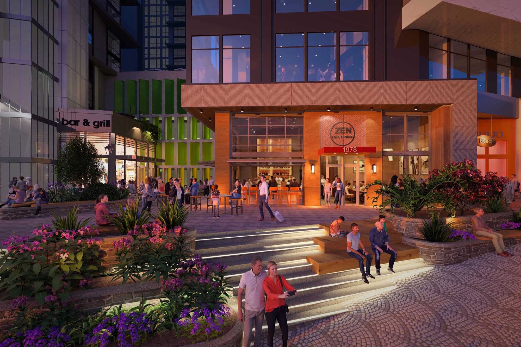 Dusk rendering of the public plaza at 426 North Main Street, with lit storefronts, garden steps, and people gathering