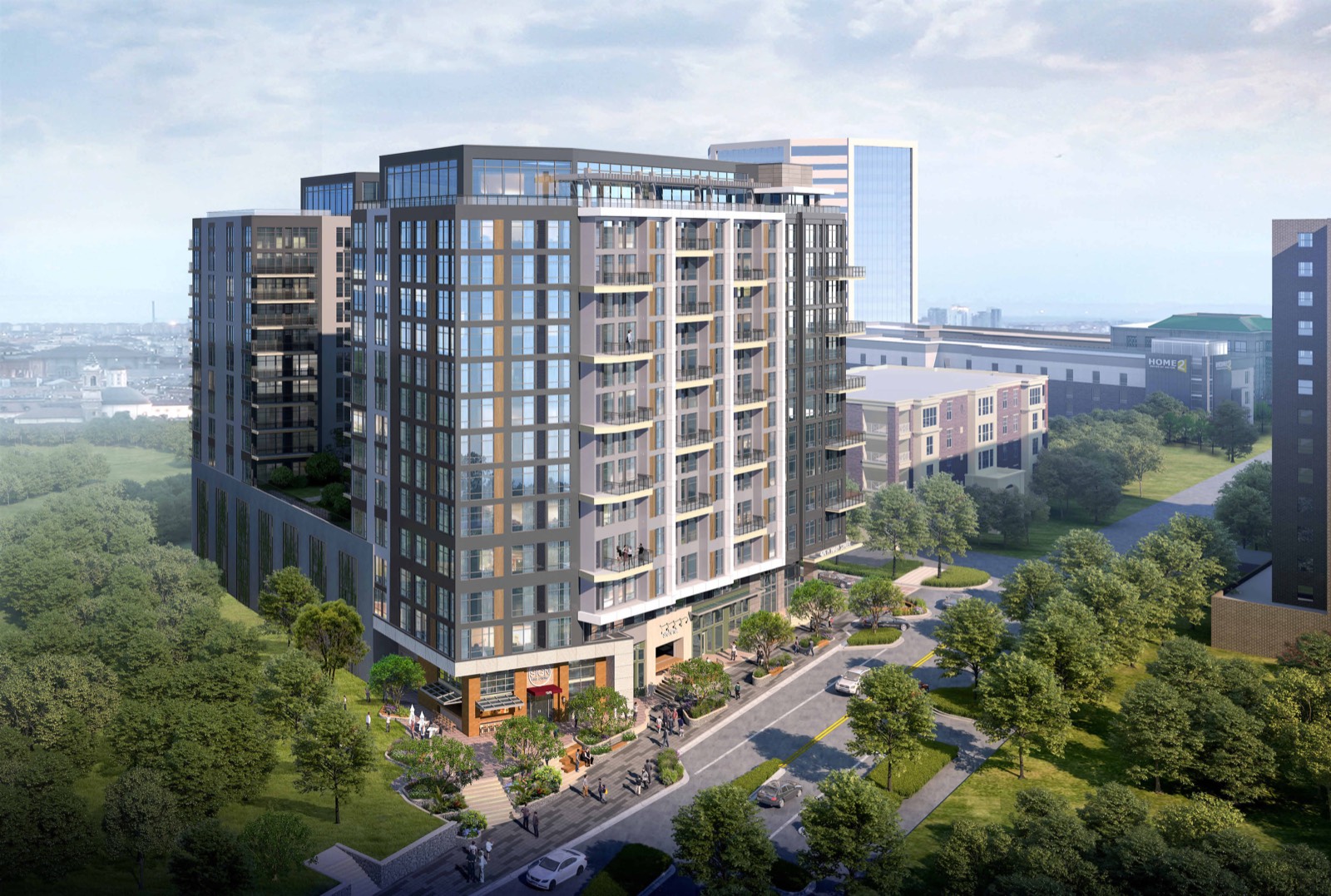 Aerial rendering of 426 North Main Street, a multi-building mixed-use district in downtown Greenville, South Carolina