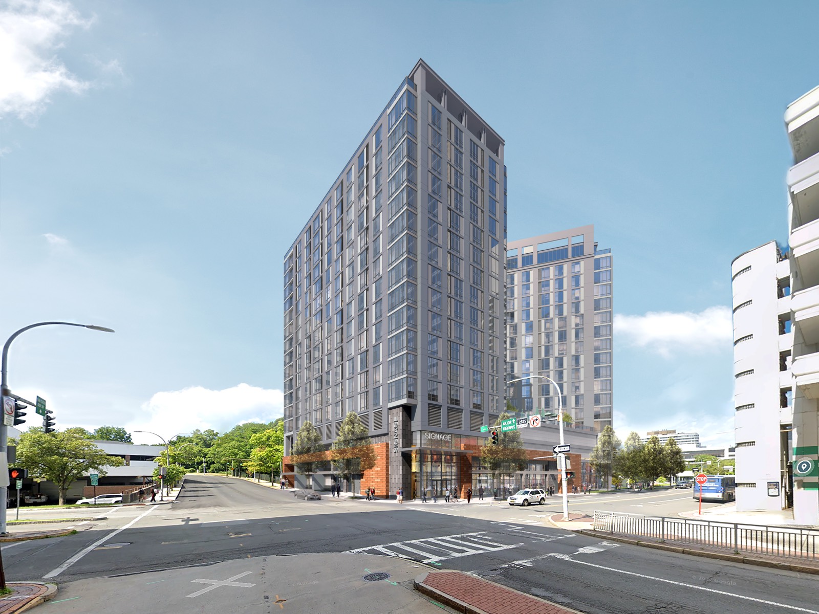 Street-level rendering of 1 Water Street, twin residential towers above a brick retail base in White Plains, New York